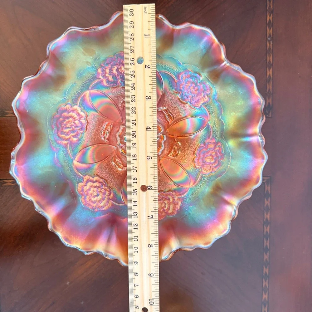 Vintage‎ Dugan Carnival Glass Bowl Marigold Ruffled Pedestal Compote Iridescent